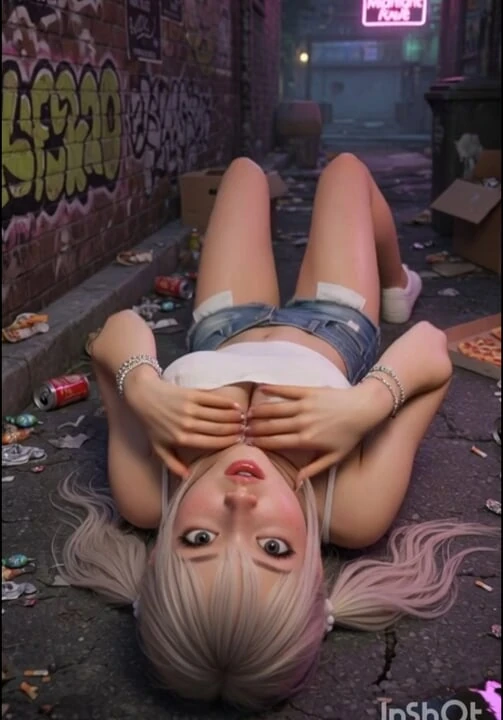 Blonde in public alley, masturbates on the floor with braces and white top