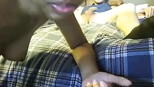 Black girl rides & sucks white cock, takes load in face