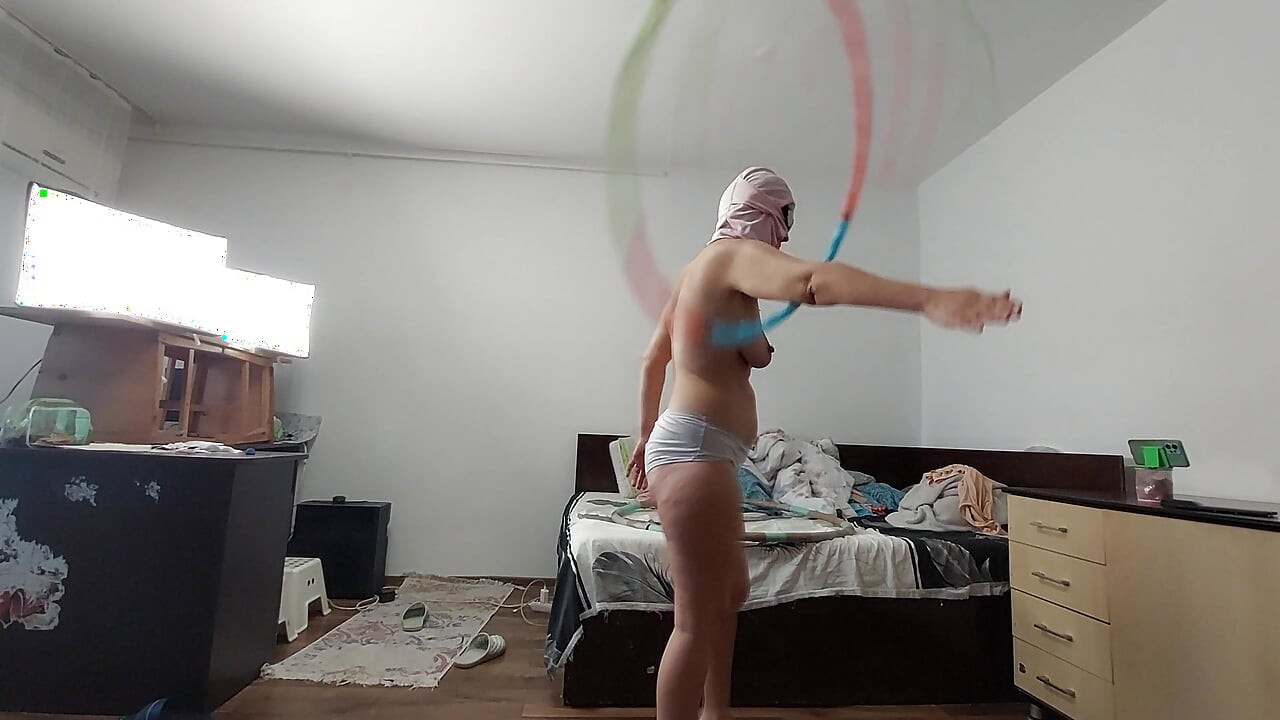 Sexy wife works out at home naked. Sexy brunette tries pantyhose, hairy pussy, big ass, big tits.
