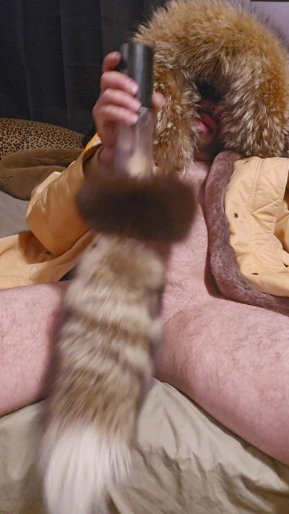 Fur masturbator with fox tail sucking furry cum slut