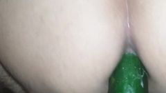 Sissy ass takes cucumber in own ass to cool his heat during