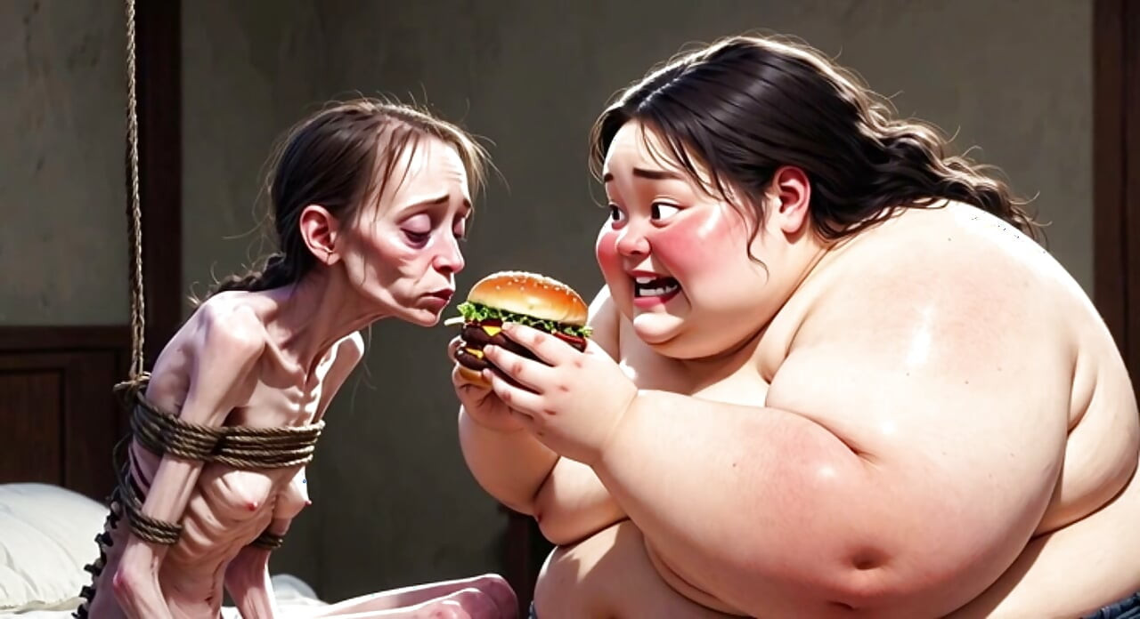 Skinny Girl Getting Fed by Huge Fat Woman - Contrast Feeding Fetish