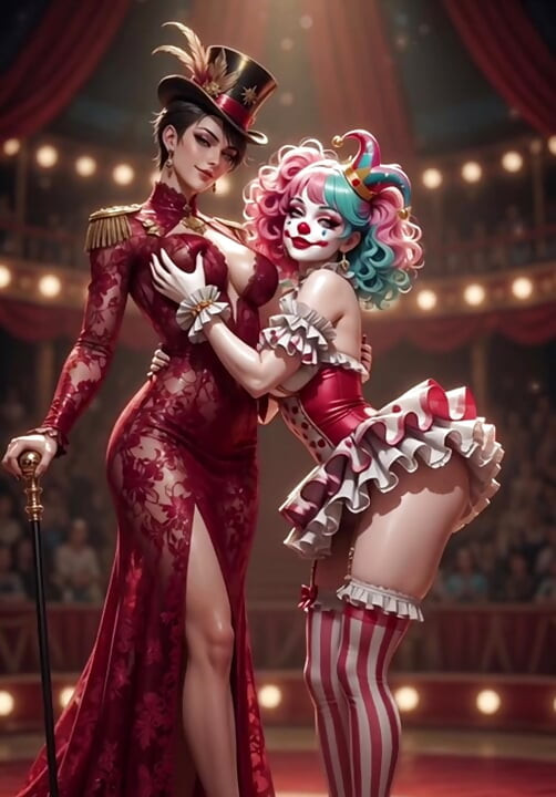 Anime circus strip ring leader clown and acrobat sexy circus show