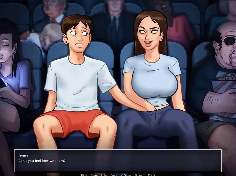 Summertime saga: stepbrother fingers his stepsister in the cinema