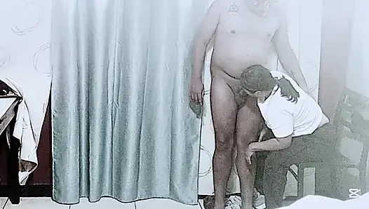 Stepmom likes to watch my innocent girlfriend suck my dick