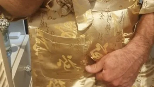 Master Ramon massages his divine horny cock in royal golden kimono