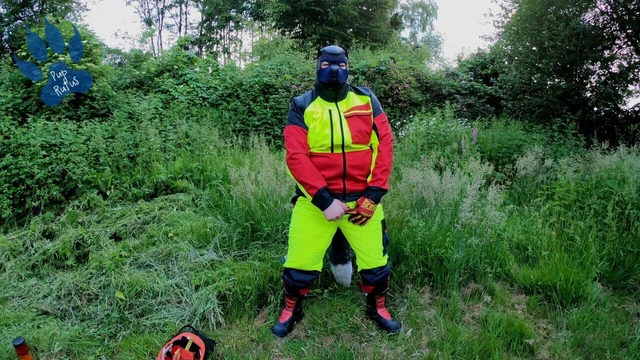 Forest Worker Pup pawing off in gear and boots (outdoors)