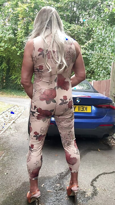 Sexy Crossdresser kellycd2022 in sexy floral see thru catsuit and heels