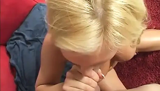 Hot blonde plays with her cunt in front of a guy before sucking and riding him