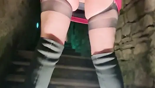 Outdoor Light Shows for the Slut in Thigh-high Boots Gagged with a Butt Plug