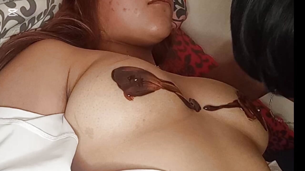 Delicious tits smeared with whipped cream are about to be devoured by the perverted guy with the fucking hairstyle