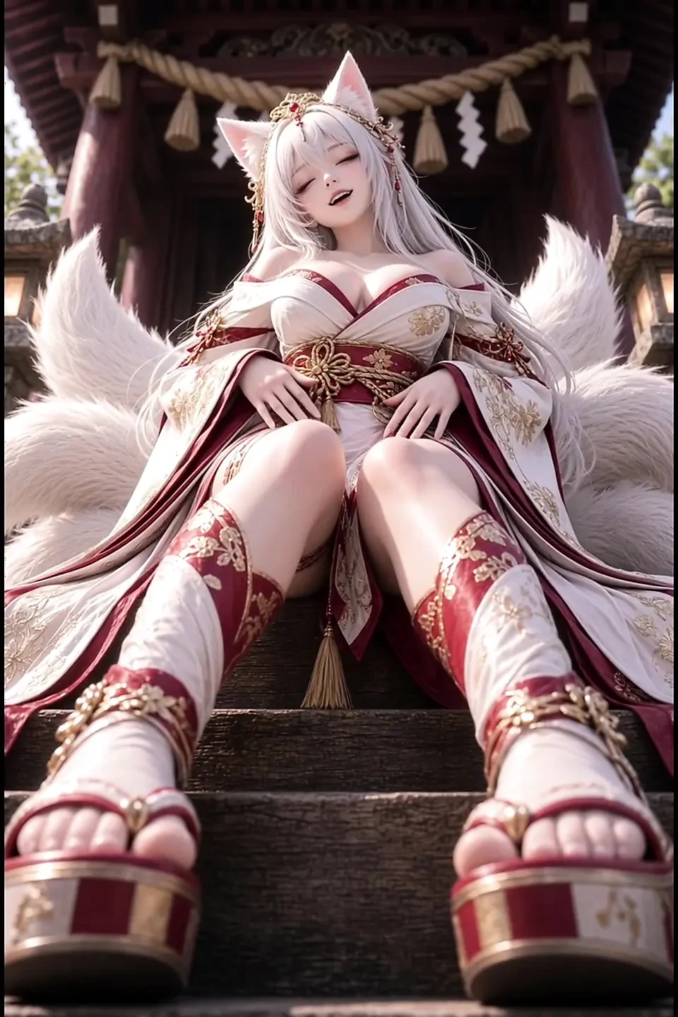 3d anime kitsune masturbates on temple stairs and rides her cocks