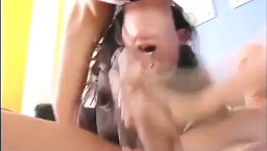 Horny brunette gets fucked hard in mouth on couch