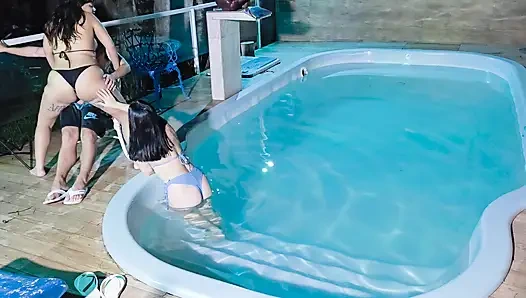 Caught in the Act! Two Brunettes Caught Masturbating in the Condo's Pool