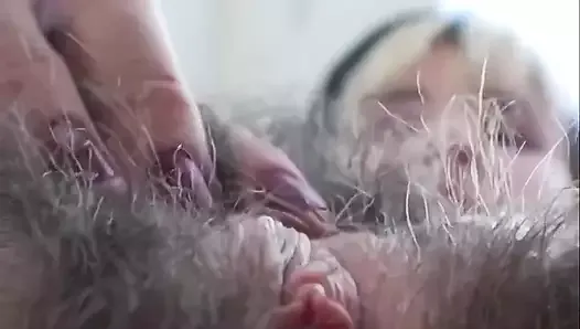 Super Hairy All Over Girl Plays with Pussy