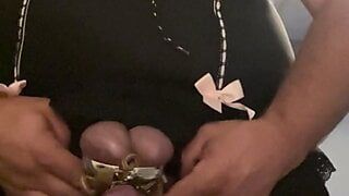 Cock and ball torture with butt plug and sissyfication crossdressing nipple clamps