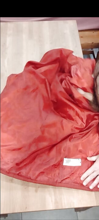 4 cumshots on the sweet lining of a red lady puffer coat