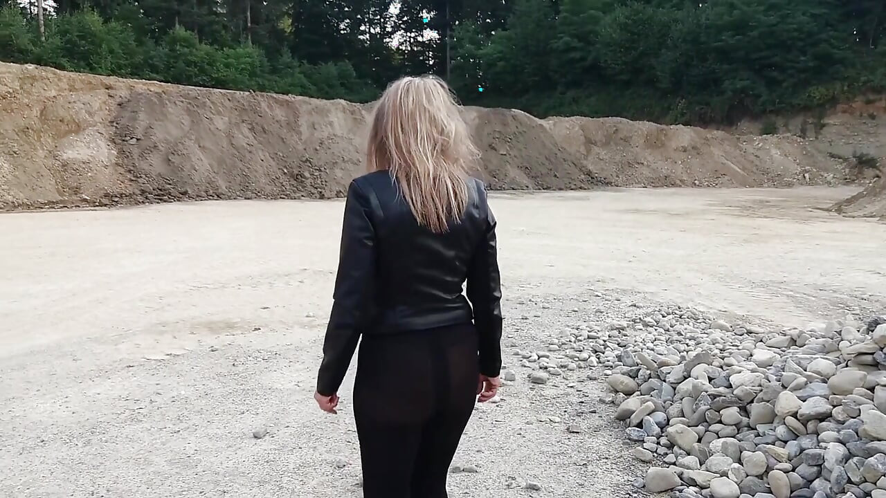 Grandma Is Walking Around a Gravel Pit in Tight Leggings and High Heels!