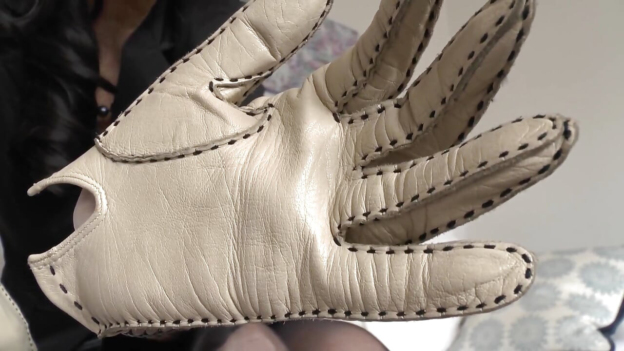 Beige Leather Gloves with a Strong Leather Scent on Your Face, Lady Victoria Valente