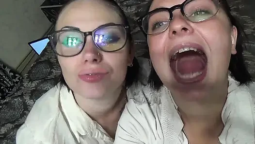 Two business women taunt you with their mouths & tongues before eating you whole!