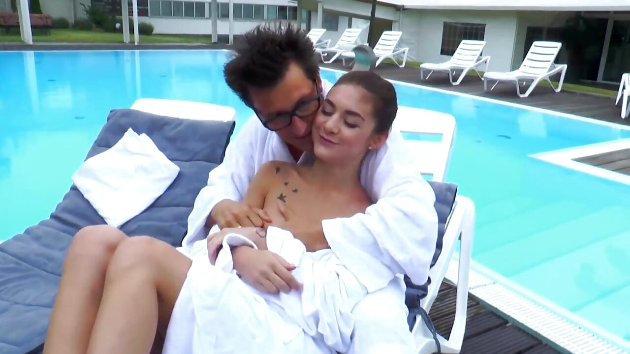 Horny fucking teen rides big cock in swimming pool