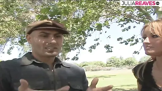 Big tits babe eats cum after a hard fuck by a monster cock