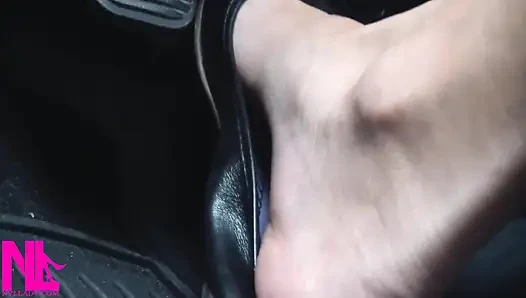 Revving and Driving in Black Leather Flats on Barefeet