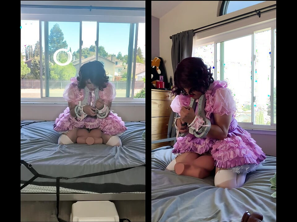 Pink Satin Sissy Maid Rides Her Sex Doll Toy While Locked