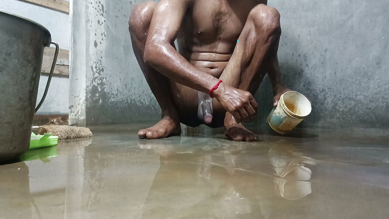 Mature man shower in bathroom village style