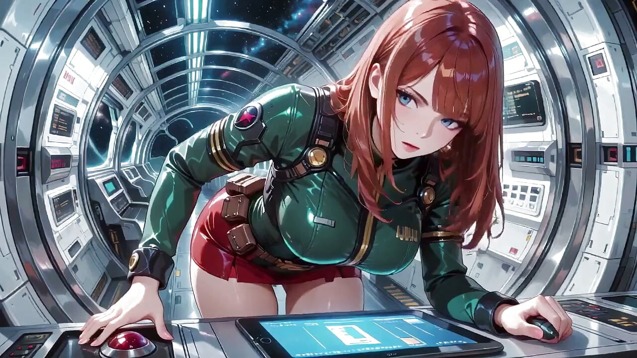 Dans le train de science-fiction, elle porte une armure verte étroite, touchant ses lèvres rouges tout en regardant la galaxie à travers le trou du hublot.