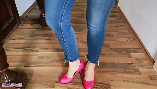 Pink heels on wood - menggoda asmr sambil klik dan celana jins