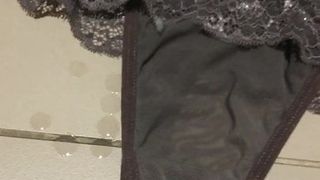 cumshot on grey small thong of a young friend