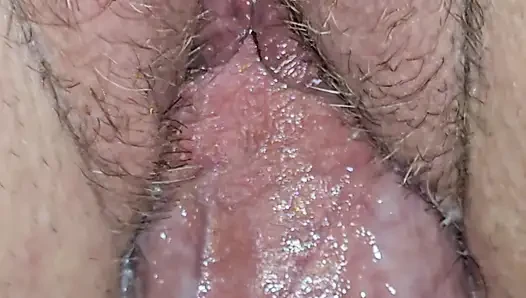 Teasing her hairy pussy and another creampie