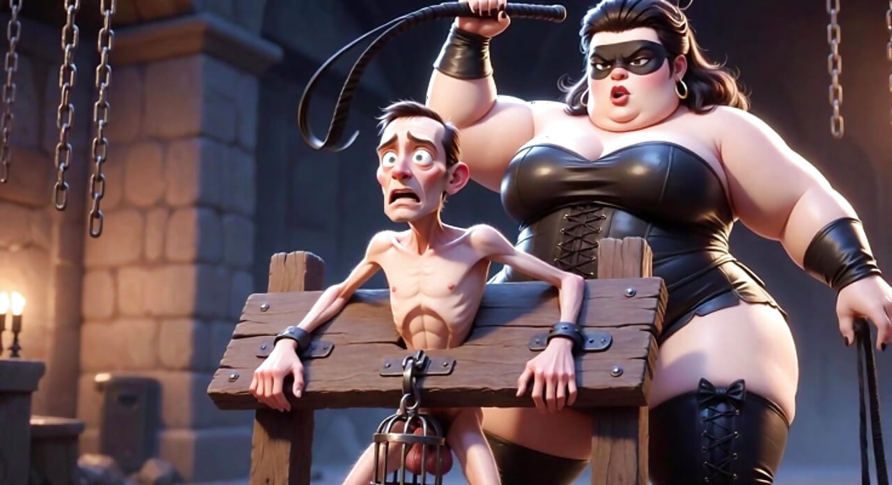 Fat Dominatrix Whips Slaves Caged Penis - Extreme Humiliation