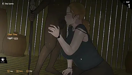 Хентай игра - прибытие богини - часть 1, горячая сексуальная женщина-блондинка выполняет Paizuri и интенсивный минет для вождя племени