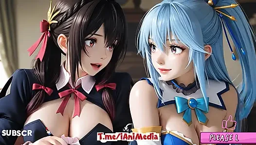Konosuba soft show'dan sfw aqua ve yunyun lezbiyene dokunuyor ve öpüşüyor