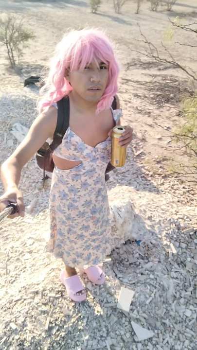 Beautiful little femboy walks in public wearing very hot pink dress and sandals | Clip 2