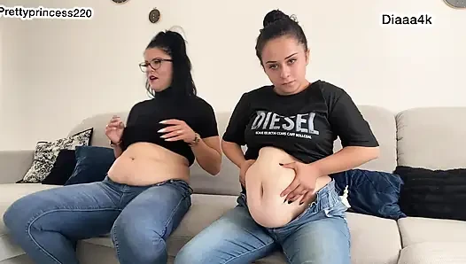 2 Sexy Girls Playing with Bellies and Farting in Jeans