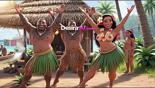 Si cantik hula eksotis berempat, pria suku menonton lekuk tubuhnya (AI Generated)