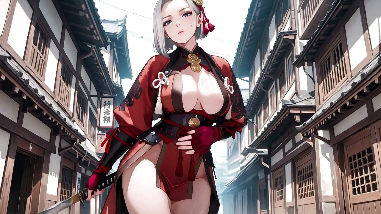 Silver-Haired Samurai's Private Dojo! Red & Black Kimono slightly open, dual swords in hand yet undeniably seductive.