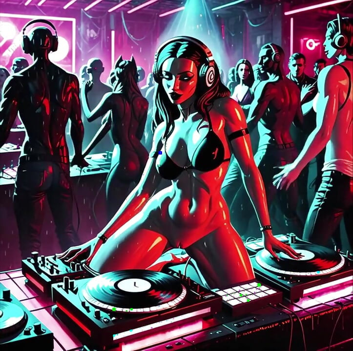 Sexy Demoness DJ Dystopian Cyberpunk Club Synthwave House Techno AI
