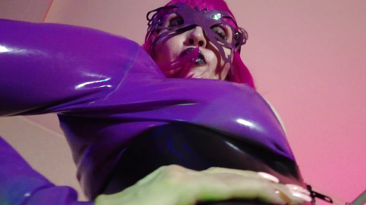Fetish Rubber Dominatrix Eva Latex Purple Dress Mask Big Ass MILF Toys BDSM Femdom Solo Hot