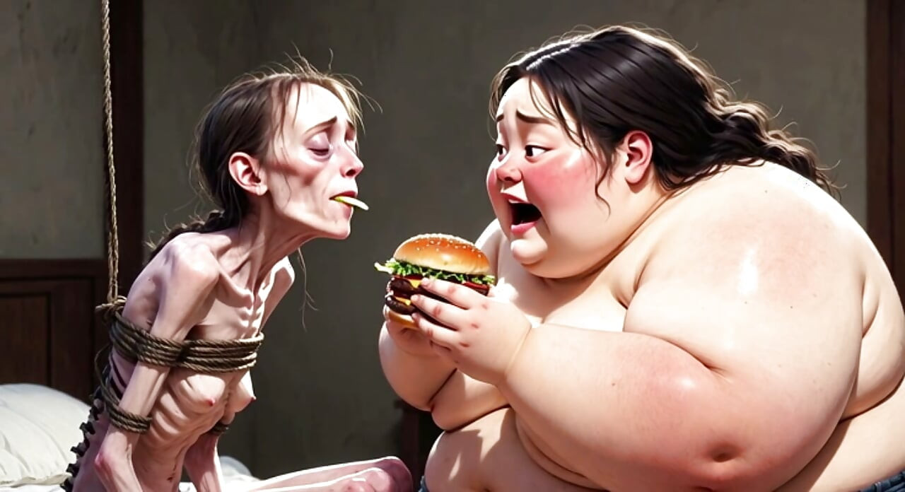 Skinny Girl Getting Fed by Huge Fat Woman - Contrast Feeding Fetish