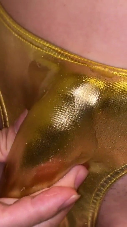 Cum in gold shiny thong close up | Clip 2