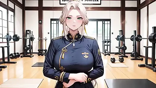 Blonde Samurai in Deep Blue Do-over! Kneeling in the Japanese Corridor, Showing off Her Tender Ass