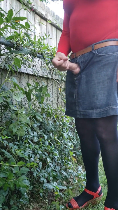 Thrilling moment from "Cd outdoors in pantyhose, leotard. Urethral sound, masturbate and cum on miniskirt."