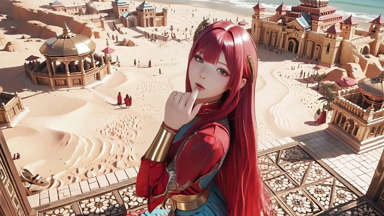 الملكة الحمراء في الصحراء! فترة بعد الظهر الكسولة في القصر الذهبي، فستان مفتوح الظهر مبلل قليلاً.