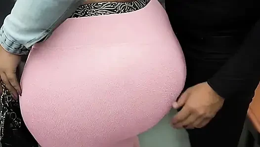 "Balaclava BBW Gets Ass  in Tight Shiny Pink Pants - Public Bus"