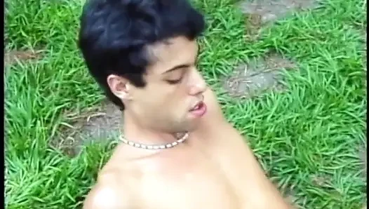 Two horny guys can't resist to join couple of Brazilian hottiies playing on the lawn