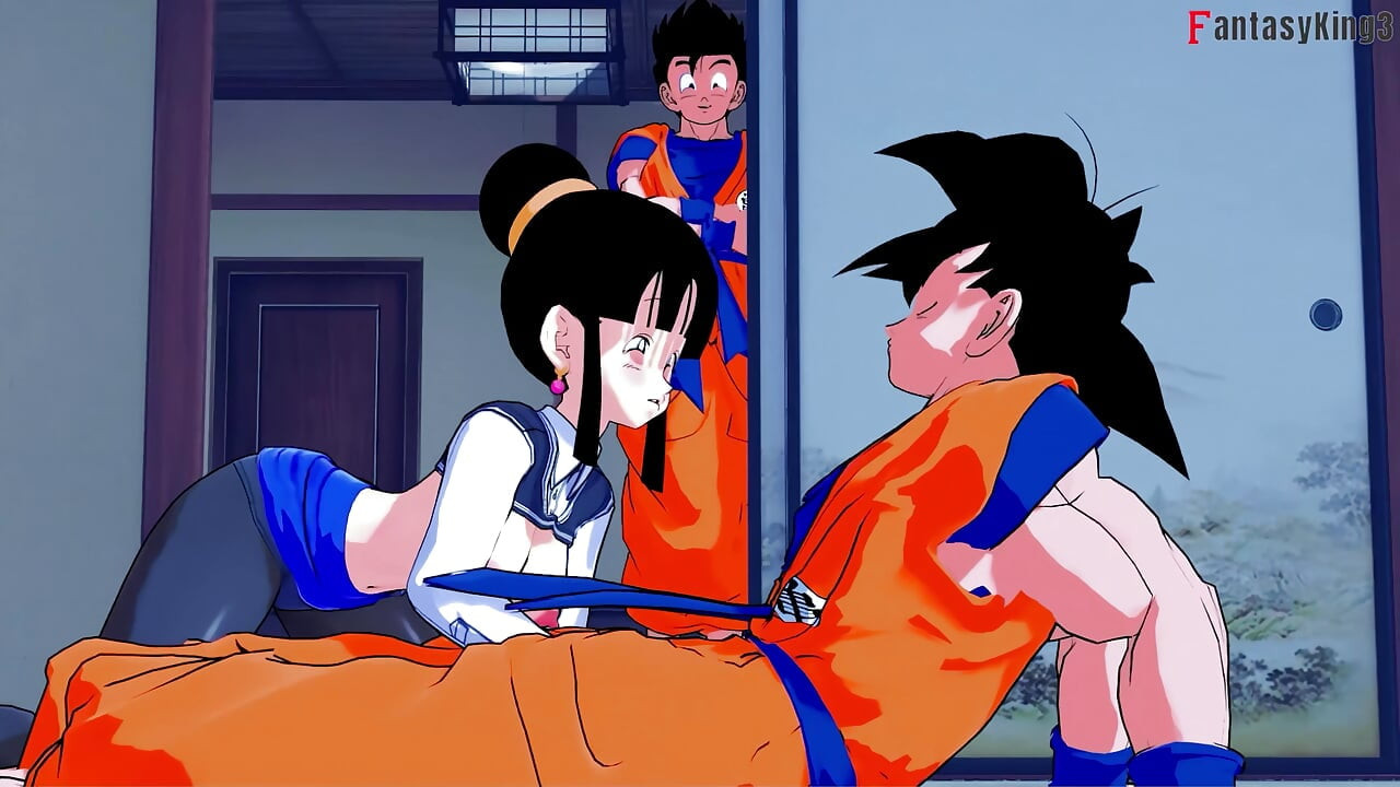 悟飯は悟空とチチがセックスしているのを見て参加します - ドラゴンボールゼックスシリーズ